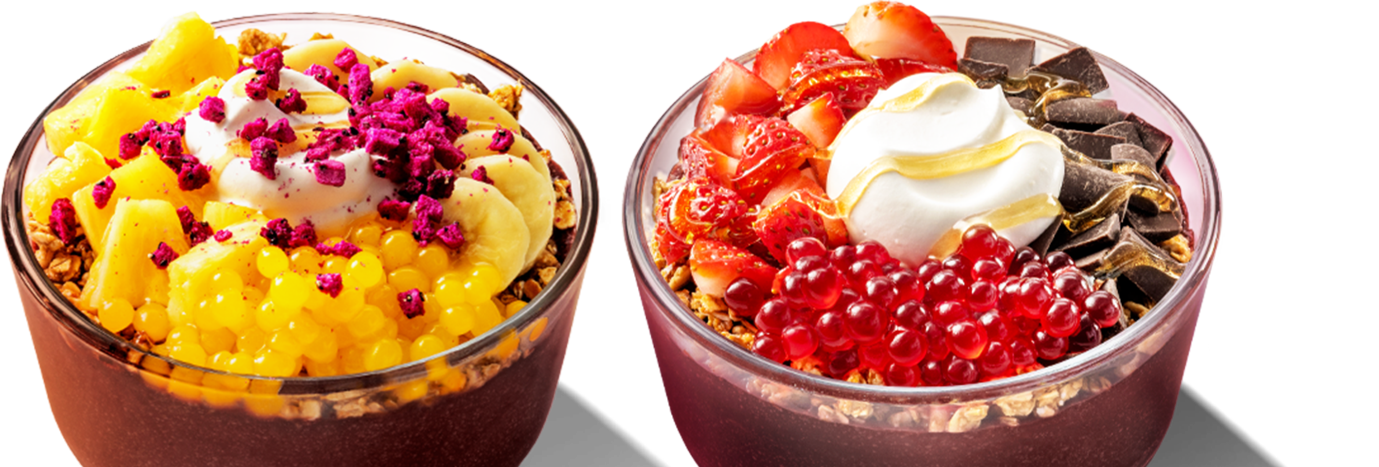Tropical Smoothie Cafe Tropiboba bowls featuring Mango Tropiboba & Berry Tropiboba bowls.