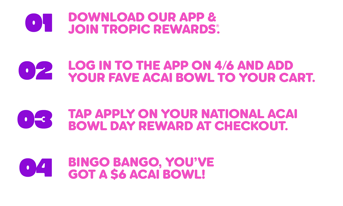 Step‑by‑step guide to redeem the $6 acai bowl, National Acai Bowl Day reward in the Tropic Rewards app, Featuring app download, login instructions, reward application, and a ‘Go Get It’ call‑to‑action