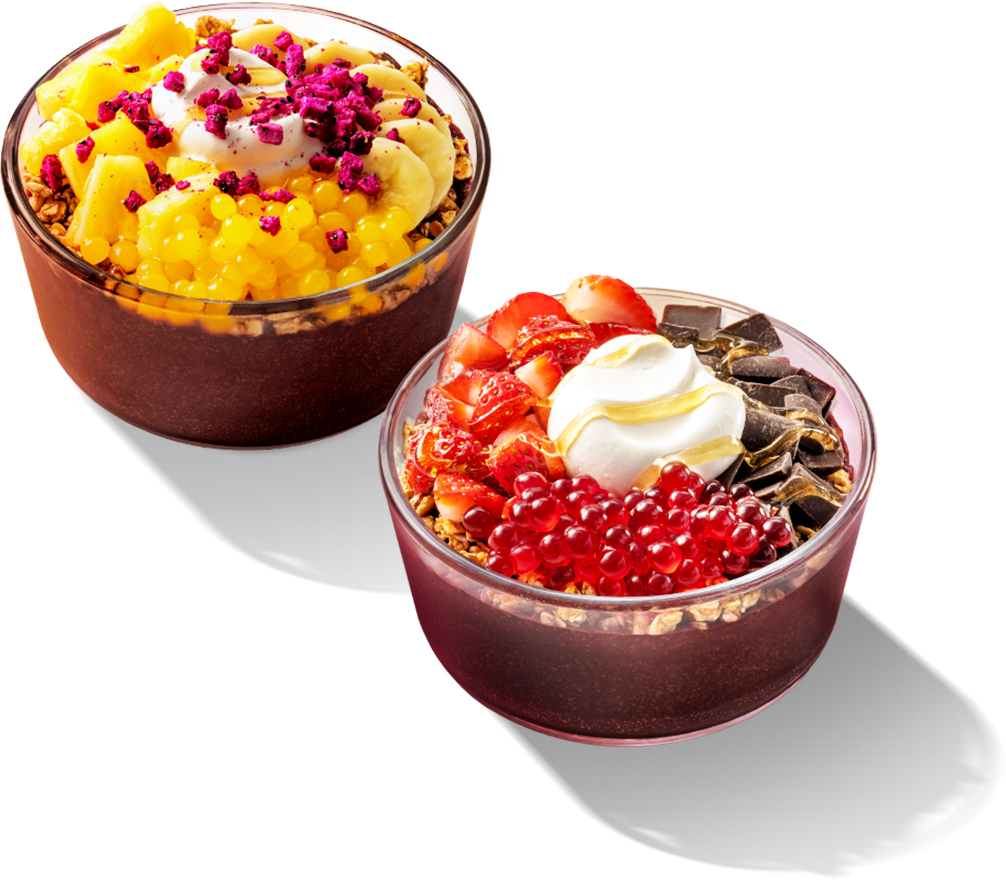 Tropical Smoothie Cafe Tropiboba bowls featuring Mango Tropiboba & Berry Tropiboba bowls.