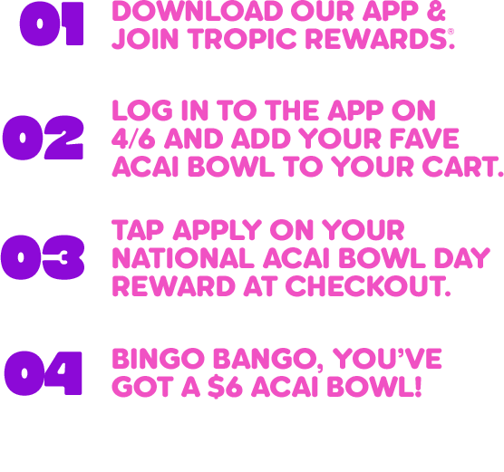 Step‑by‑step guide to redeem the $6 acai bowl, National Acai Bowl Day reward in the Tropic Rewards app, Featuring app download, login instructions, reward application, and a ‘Go Get It’ call‑to‑action