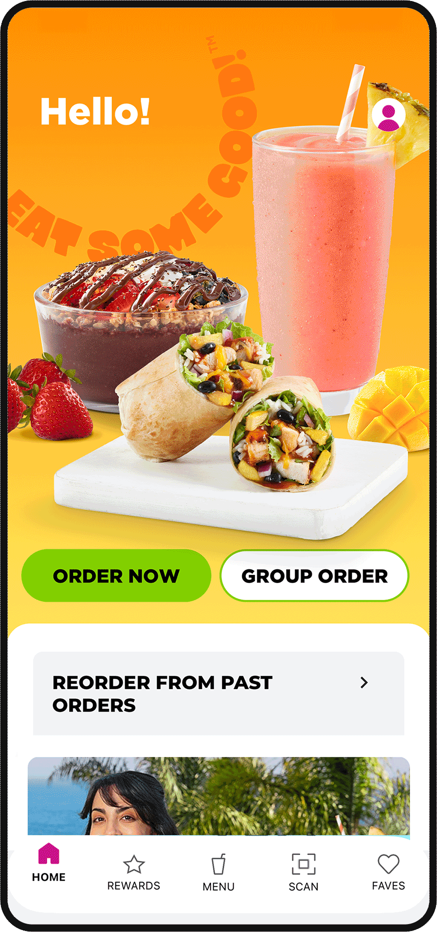 Tropic Rewards app checkout screen showing the National Acai Bowl Day 2026 $6 acai bowl reward with ‘Apply’ button and in‑cafe pickup option before payment
