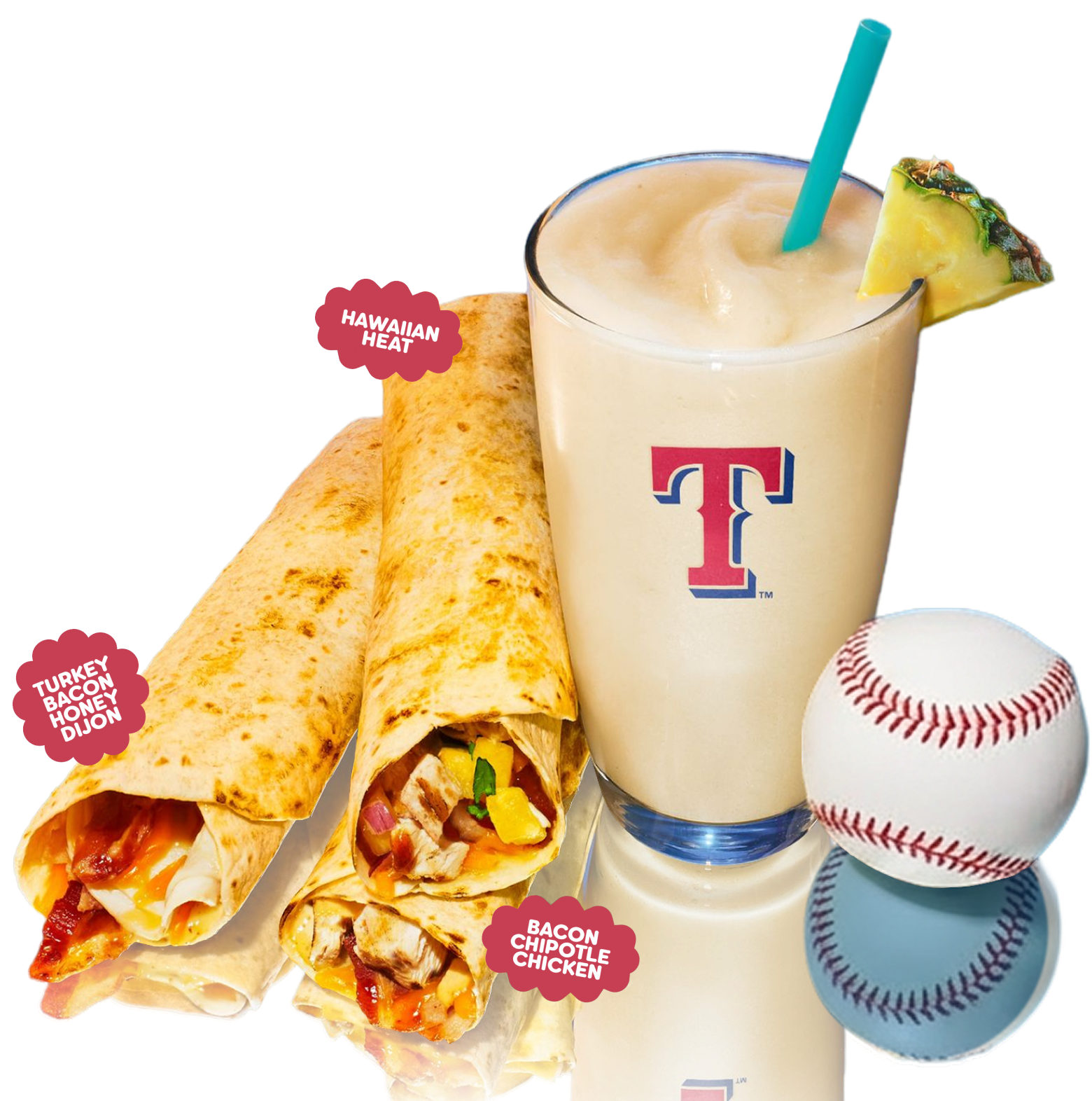 Tropical Smoothie Cafe Toasted Snack Rolls, a Texas Rangers Tropi-Colada Smoothie & a baseball with cloudy sky blue background 