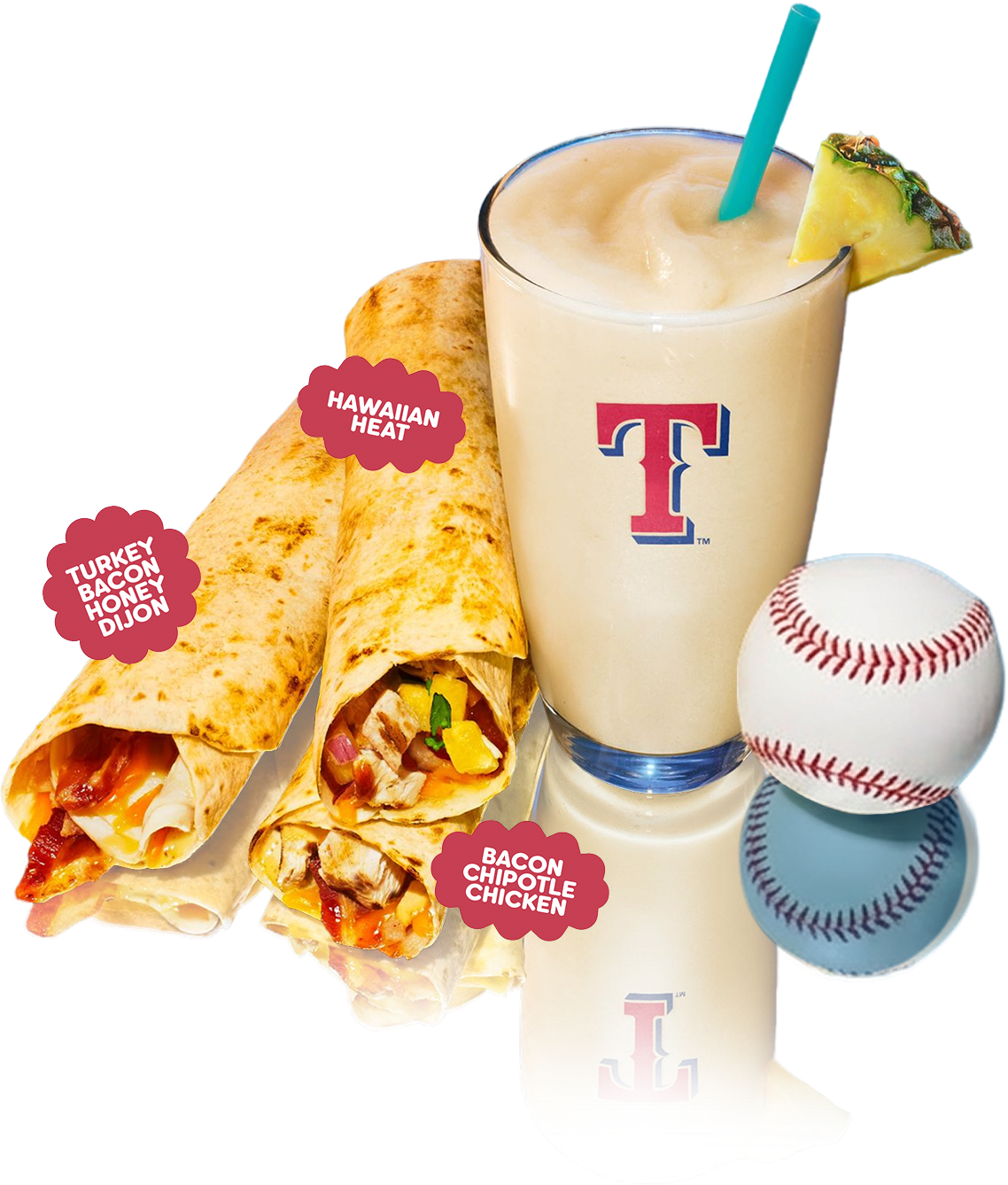Tropical Smoothie Cafe Toasted Snack Rolls, a Texas Rangers Tropi-Colada Smoothie & a baseball with cloudy sky blue background 