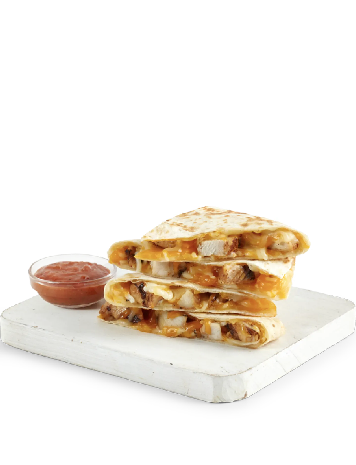 Tropical Smoothie Cafe Quesadilla on a wooden platter served with a bowl of Salsa Sauce. Number 2 icon with Join Tropic Rewards button