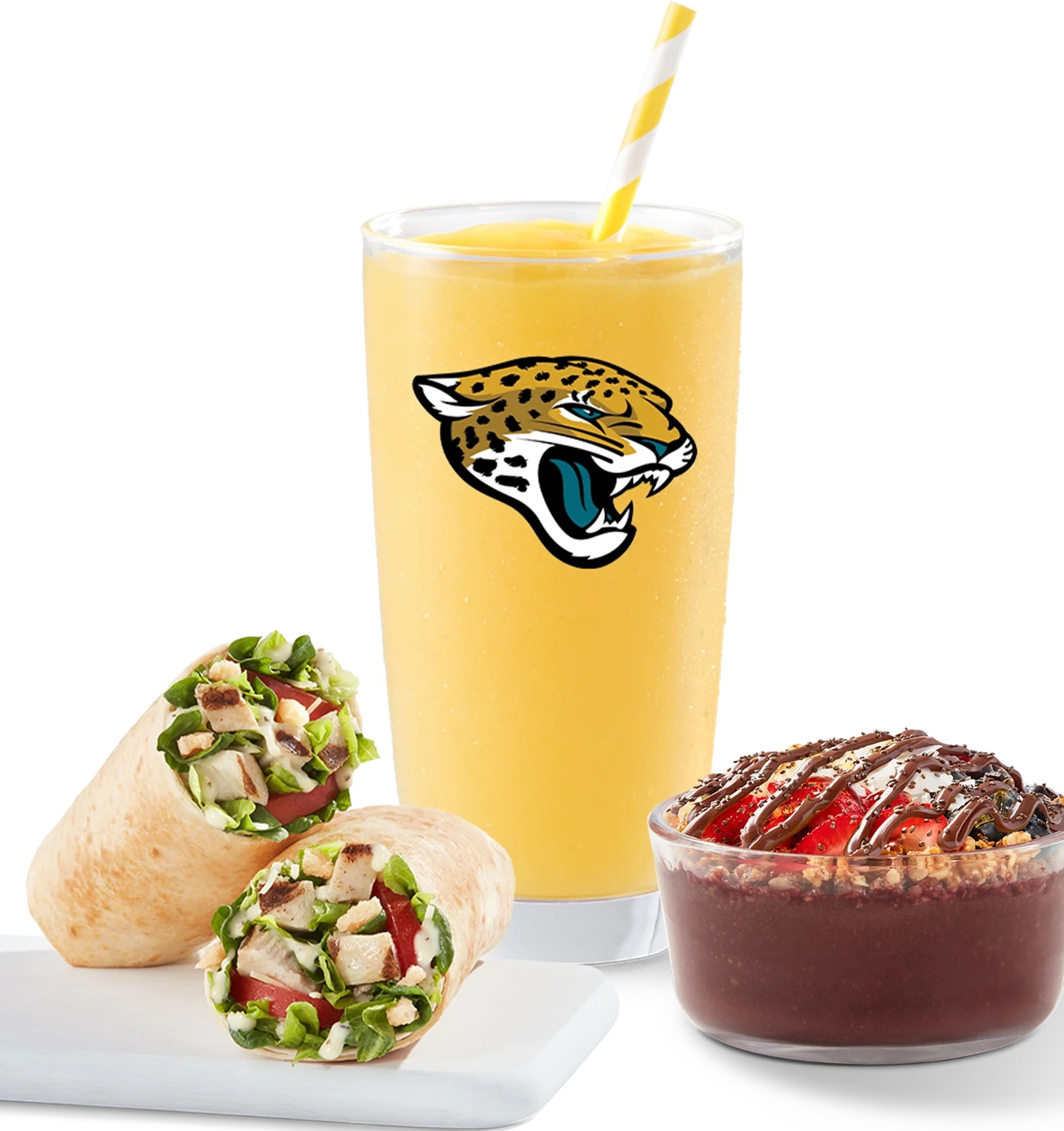 Tropical Smoothie Cafe acai bowl wth Nutella and Tropical Smoothie Cafe wrap.