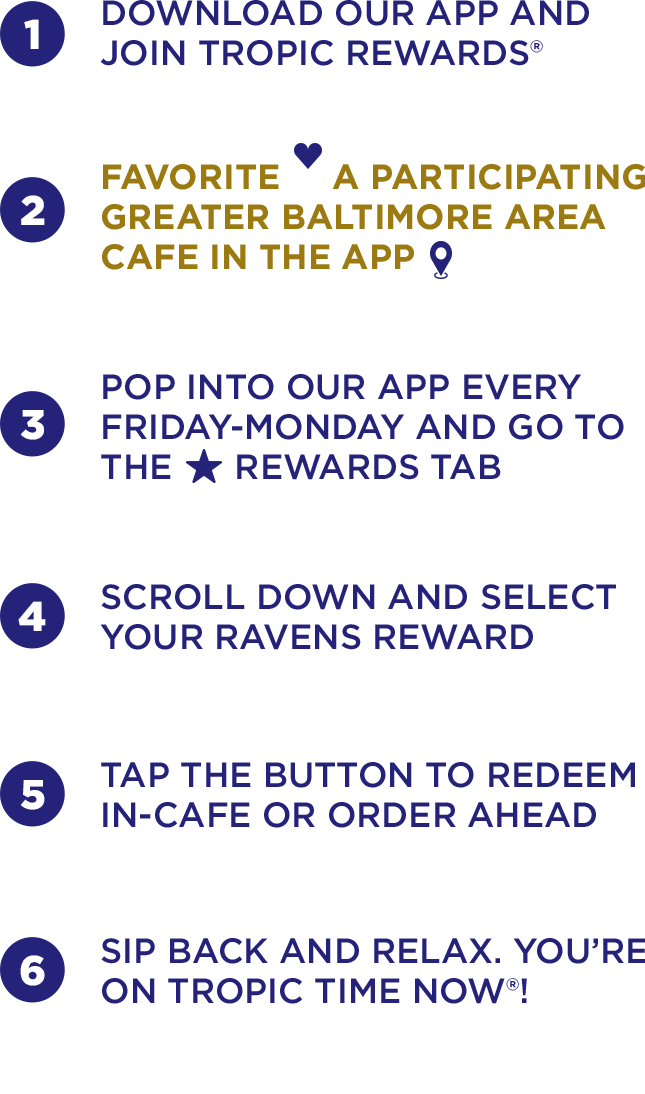 Steps to download Tropical Smoothie Cafe app, join Baltimore ravens purple friday promo & favorite a participating greater Baltimore area cafe in the app.