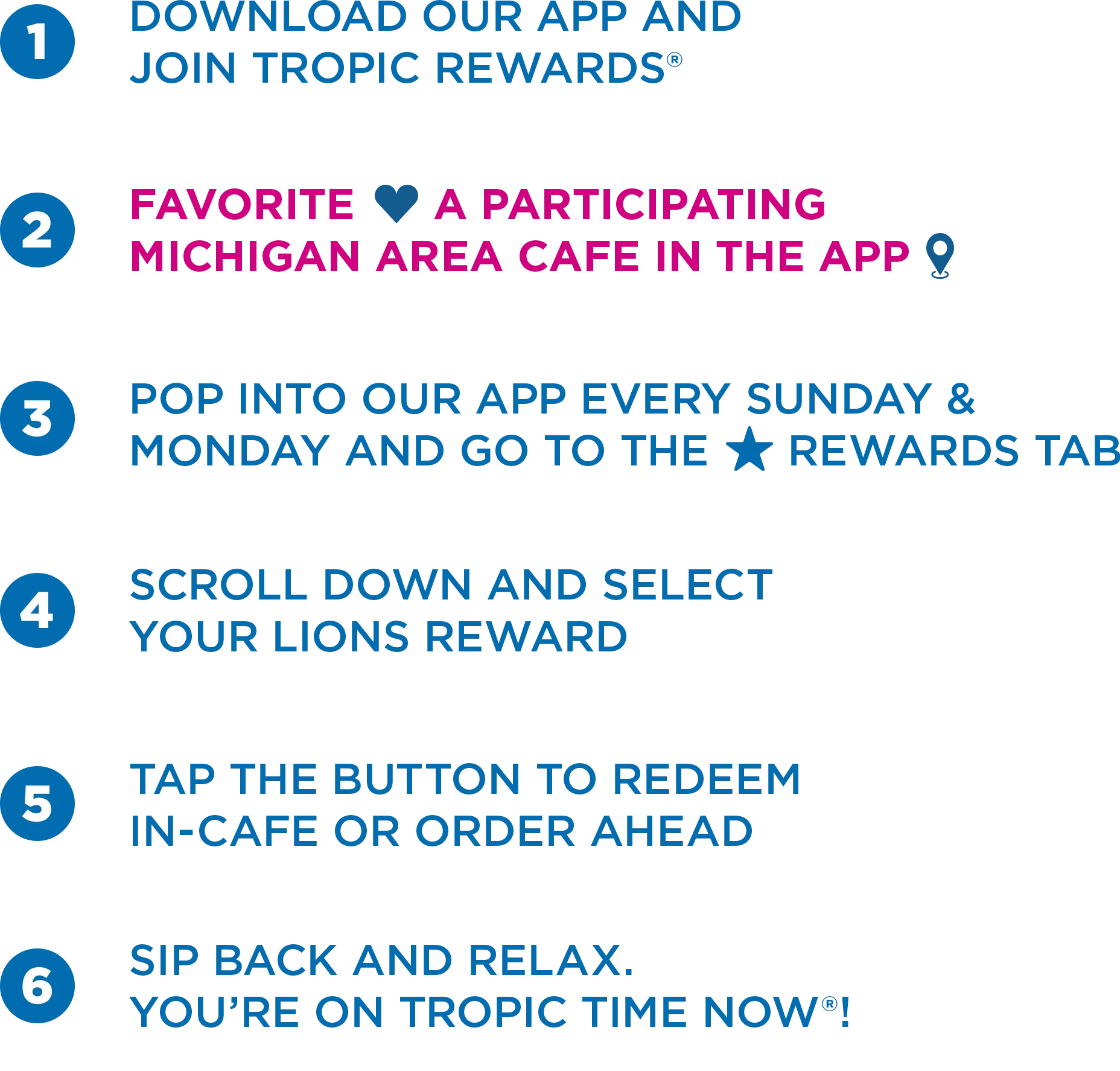  Steps to join Tropic Rewards app, favorite a participating Michigan cafe in the app and enjoy the official Detroit Lions smoothie for 99 cent.
