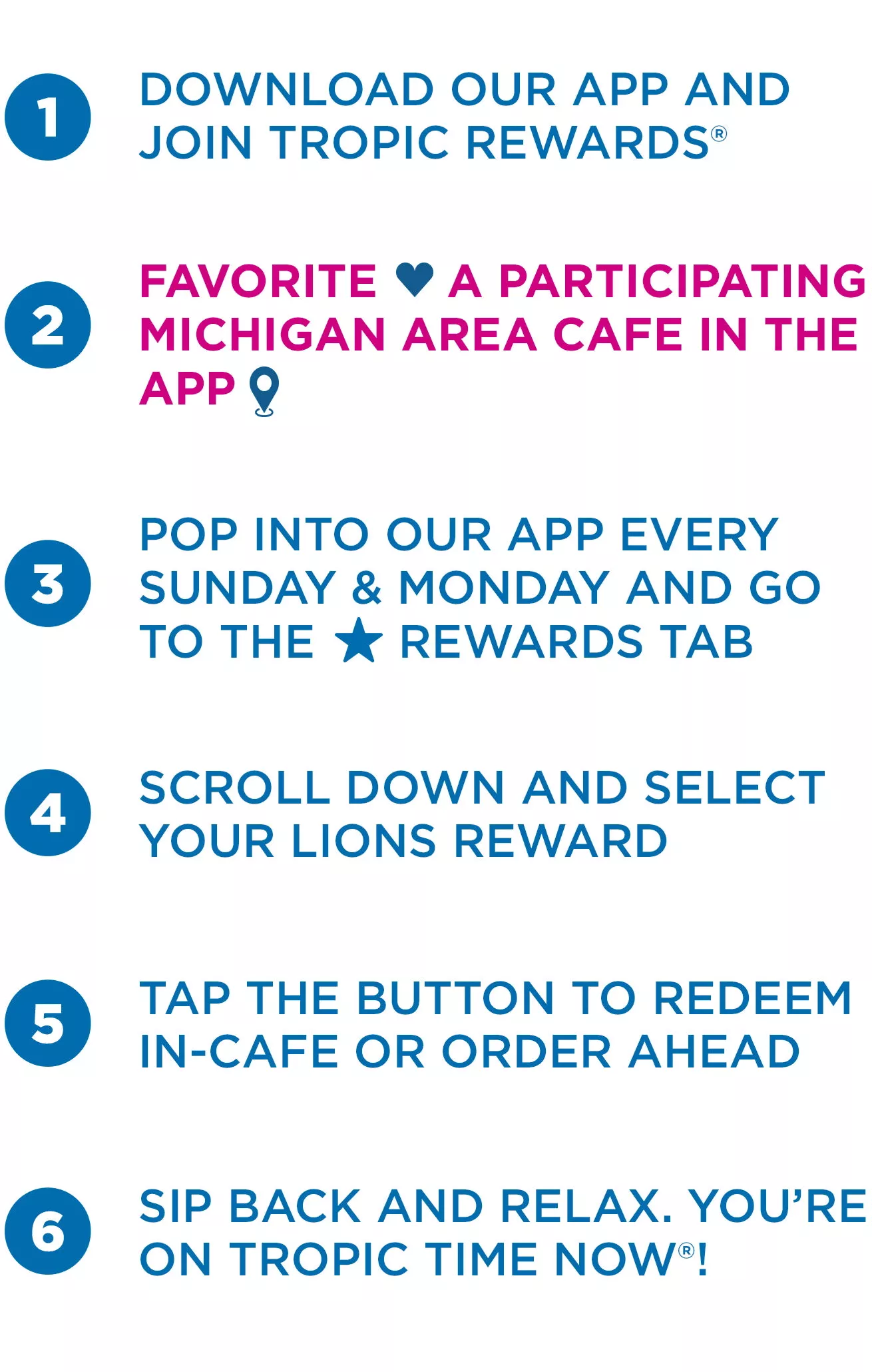  Steps to join Tropic Rewards app, favorite a participating Michigan cafe in the app and enjoy the official Detroit Lions smoothie for 99 cent.