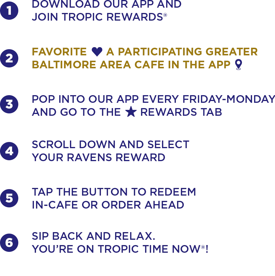 Steps to download Tropical Smoothie Cafe app, join Baltimore ravens purple friday promo & favorite a participating greater Baltimore area cafe in the app.