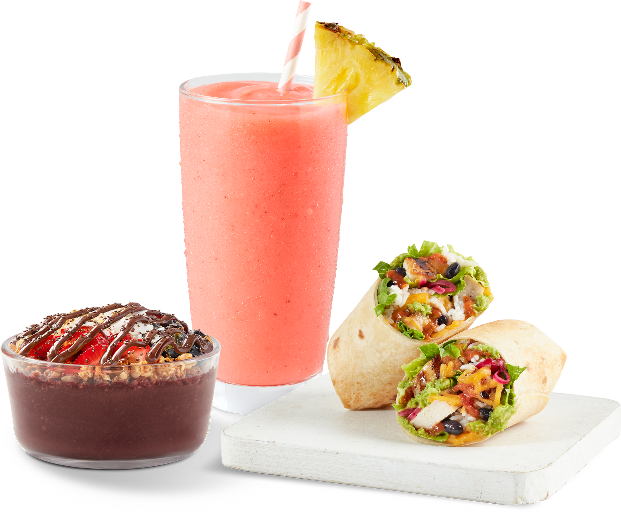 An image of a Bahama mama Tropical Smoothie, a Tropical Smoothie Cafe Acai bowl with Nutella and a Tropical Smoothie Cafe wrap.