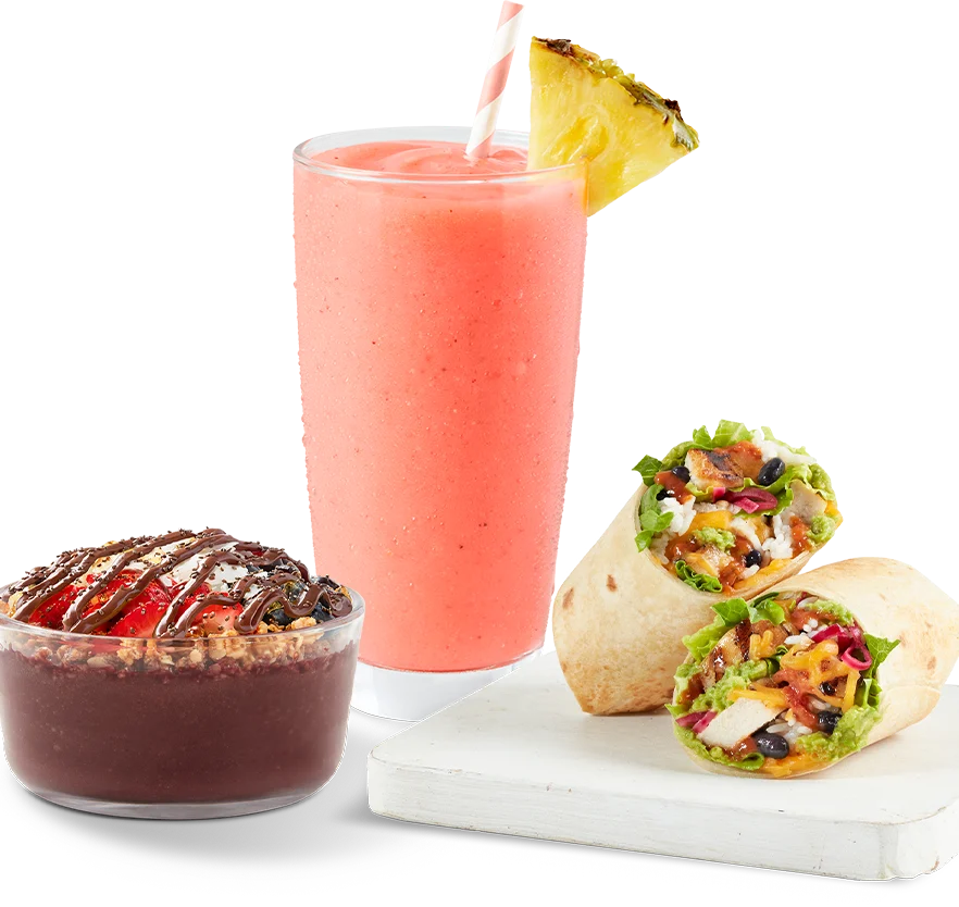 An image of a Bahama mama Tropical Smoothie, a Tropical Smoothie Cafe Acai bowl with Nutella and a Tropical Smoothie Cafe wrap.