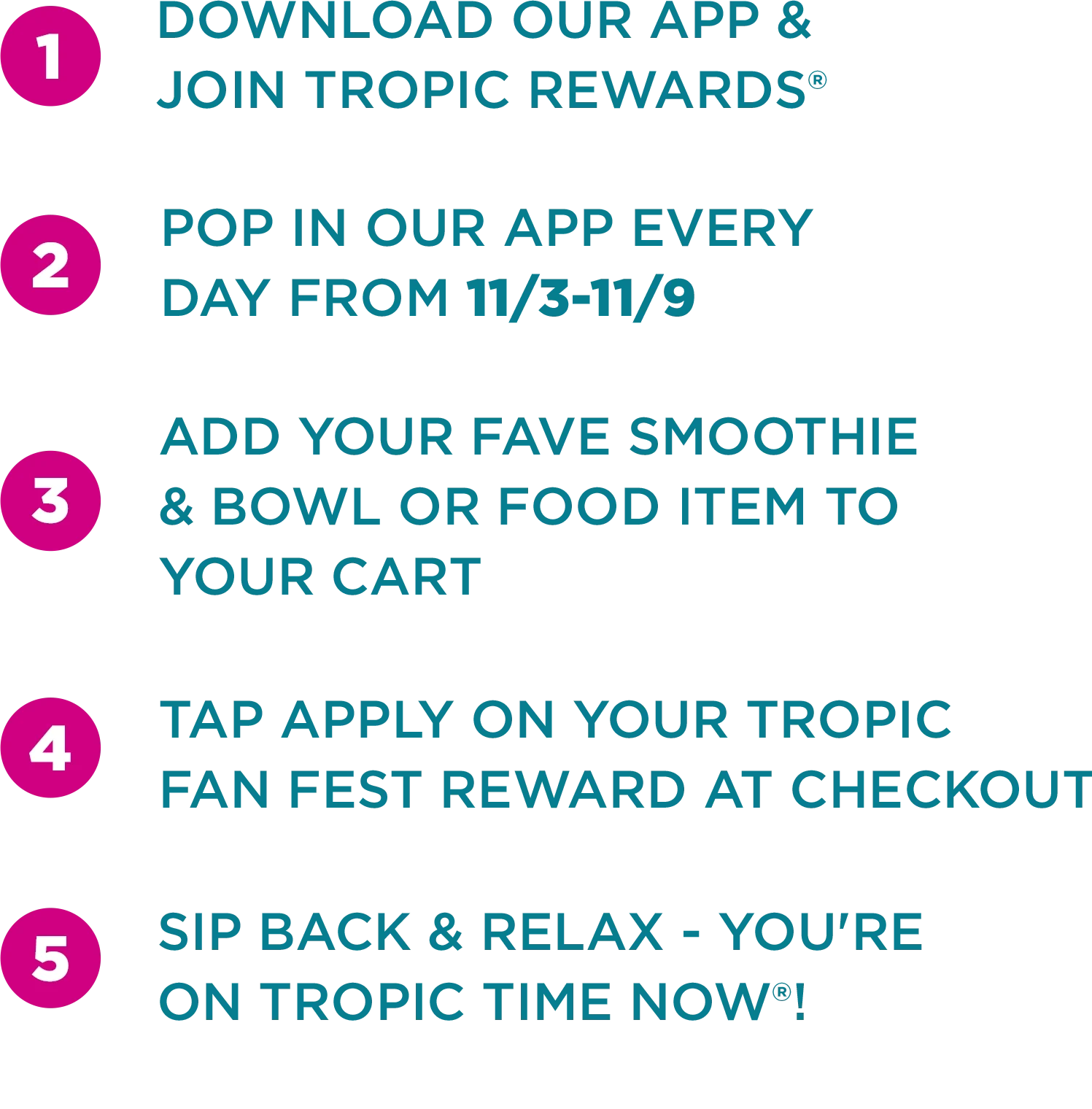 5 steps for Tropic Rewards app members to join Tropic Fan Fest, earn points, redeem points to enjoy Free Smoothies and much more