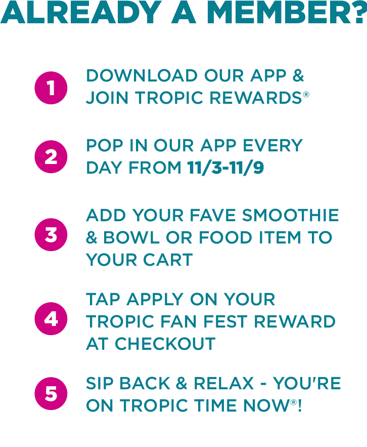 5 steps for Tropic Rewards app members to join Tropic Fan Fest, earn points, redeem points to enjoy Free Smoothies and much more