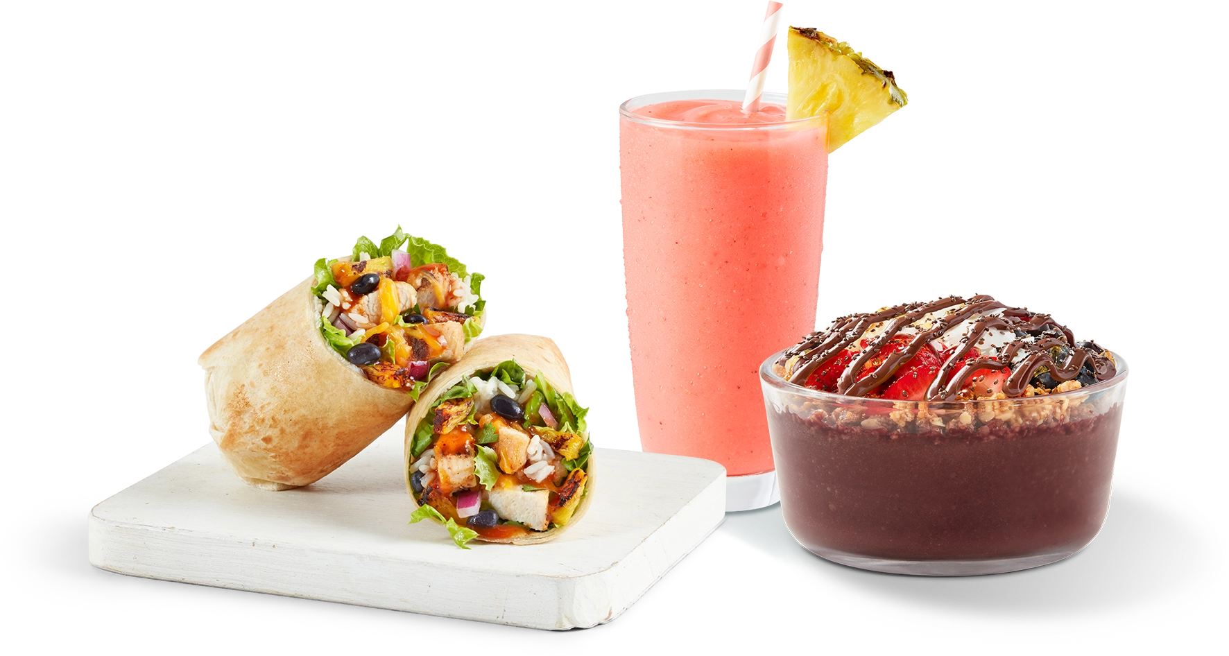 A display of Tropical Smoothie Cafe menu items including a Baja Chicken wrap, a Sunrise Sunset smoothie, and an Acai bowl with Nutella, promoting fresh tropical flavors