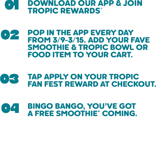 Step‑by‑step guide describing how to download the Tropical Smoothie Cafe app, join Tropic Rewards, add items to the cart, and redeem a free smoothie reward during the promotional period.