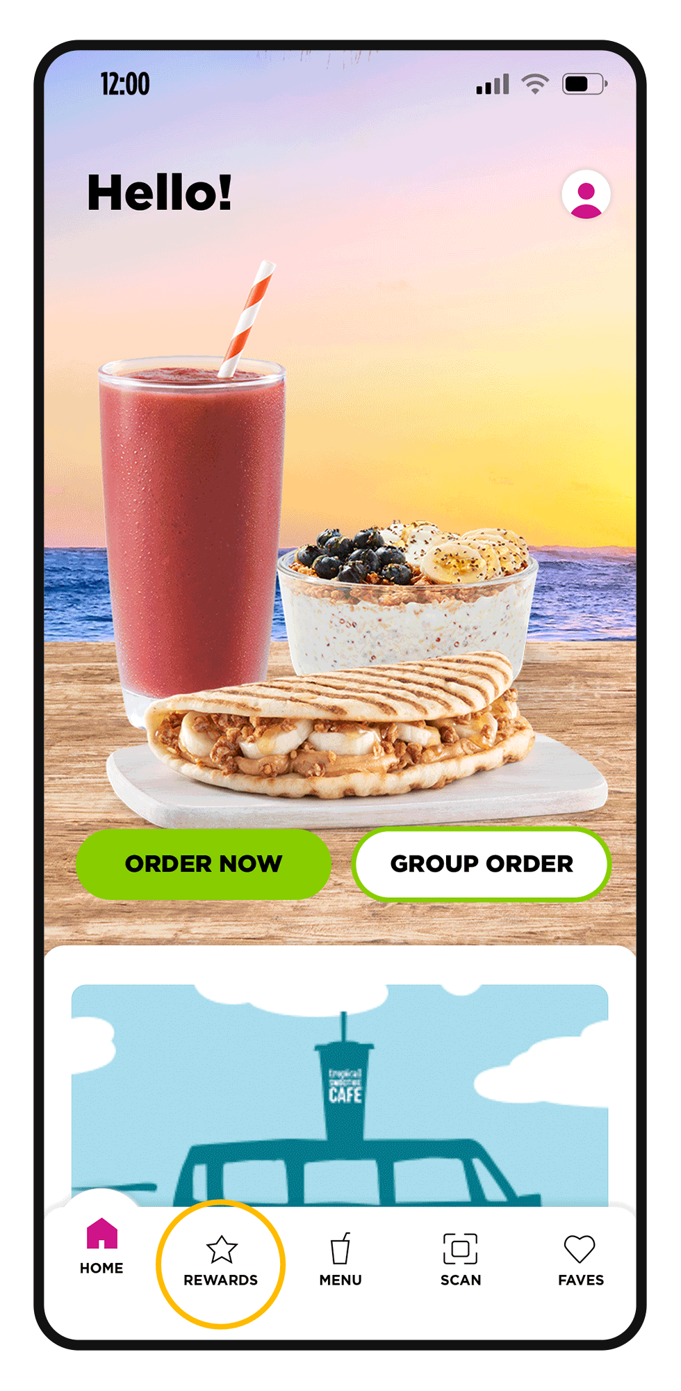 A smartphone displaying the Tropical Smoothie Cafe app with a Cherry Berry Protein smoothie and Chia Oatmeal Bowl on the screen, encouraging users to order now and promoting the Tropical Smoothie Cafe app for easy ordering and Tropic Rewards participation