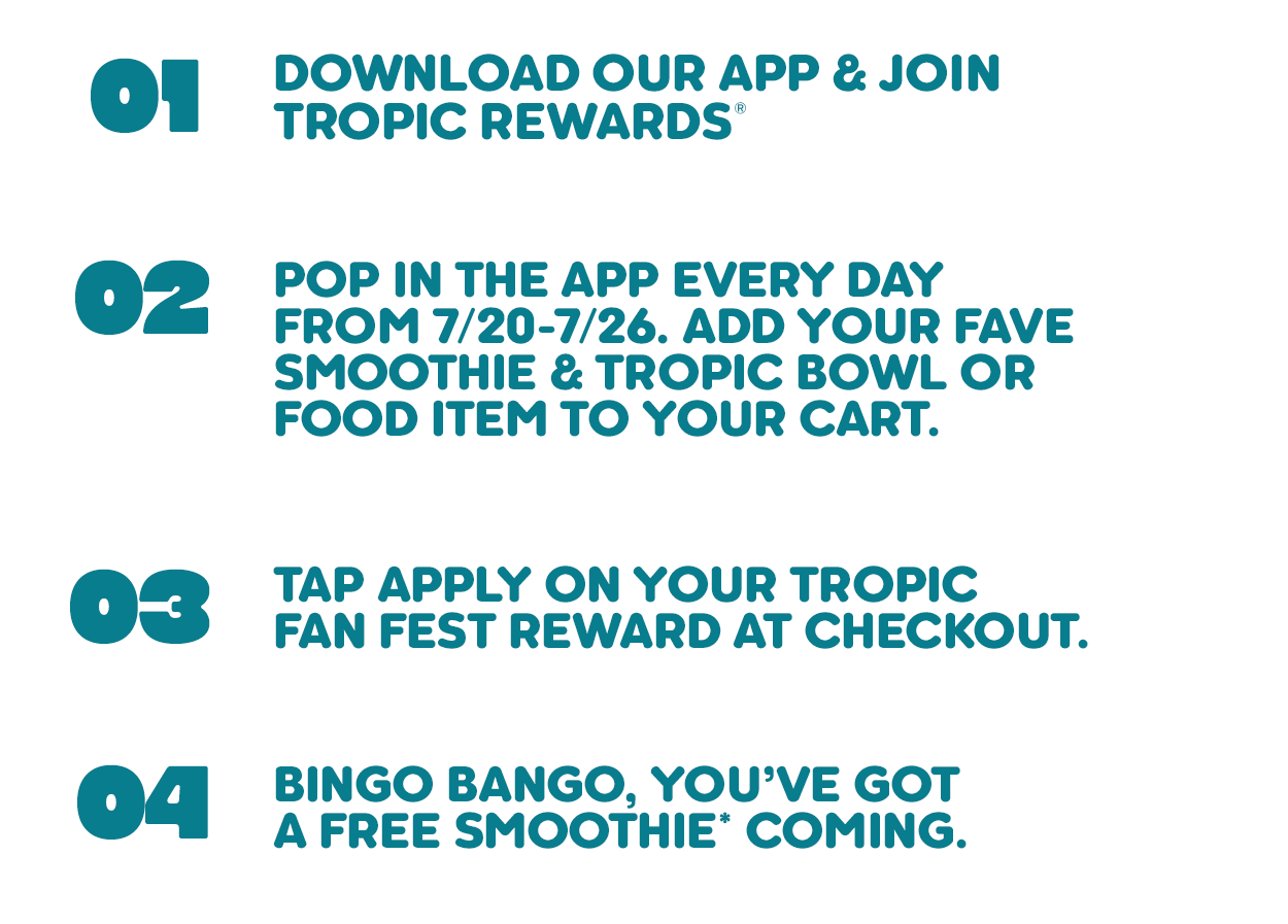 Step‑by‑step guide describing how to download the Tropical Smoothie Cafe app, join Tropic Rewards, add items to the cart, and redeem a free smoothie reward during the promotional period.