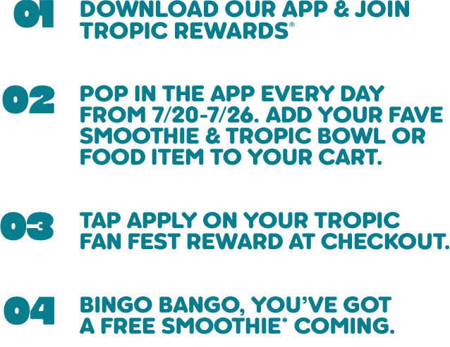 Step‑by‑step guide describing how to download the Tropical Smoothie Cafe app, join Tropic Rewards, add items to the cart, and redeem a free smoothie reward during the promotional period.